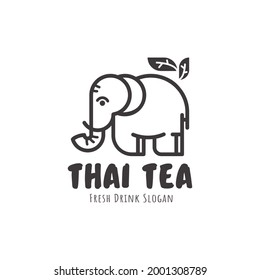Thai tea logo design with line art elephant symbol and tea leaves for fresh drink business brand concept 
