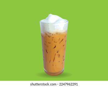 Thai Tea with milk foam in glass isolated on light green background closeup.
