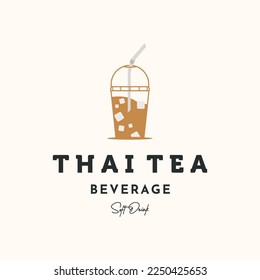 thai tea vintage logo vector minimalist illustration design, thai tea ice beverage symbol design