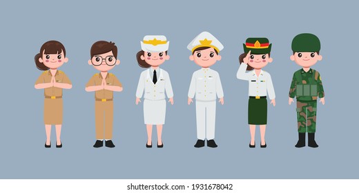 Thai teacher, air force, soldier and government uniform character. People in government job character.