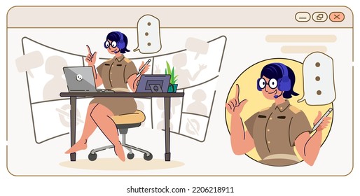 Thai teacher female character in uniform teaching online classroom from home