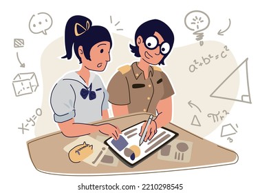 Thai teacher teaching students with tablet on wood table