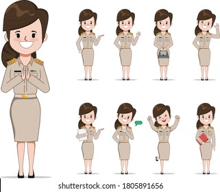 Thai Teacher In Uniform Set Pose. Young Government With Job Character.