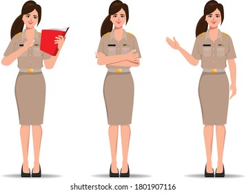 Thai teacher in uniform standing pose. New normal lifestyle government character.