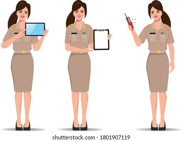 Thai teacher in uniform standing pose.  Young government Presenting gadget character.