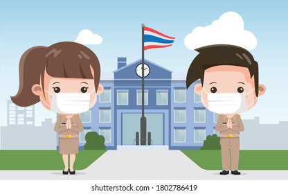 Thai teacher wearing mask greeting with thai wai. New normal lifestyle government character. Bangkok Thailand  lifestyle people.