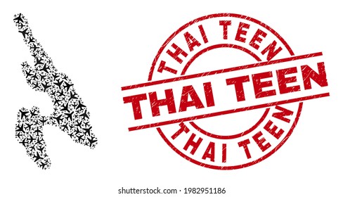 Thai Teen rubber seal stamp, and Koh Phi Don map mosaic of aviation items. Collage Koh Phi Don map constructed of aviation items. Red imprint with Thai Teen caption,