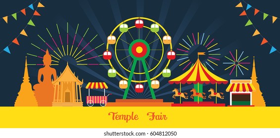 Thai Temple Fair, Night Scene, Thailand Festival and Event in Buddhism Place