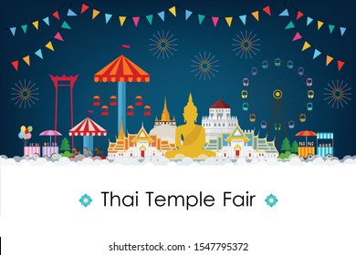 Thai Temple Fair Night. Vector Illustration