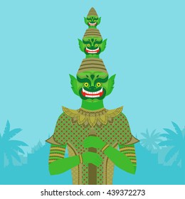 Thai Temple Guardian Giant , Thailand Yaksha demon statue, Buddhism symbol in Bangkok, Asian spirit sculpture in tropical forest vector