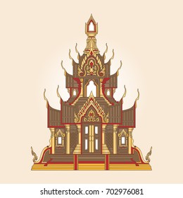 Thai Temple isolated on a yellow gradient background. Golden Lanna-style teakwood building.