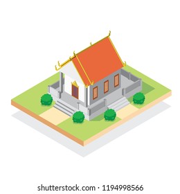 Thai temple isometric on white background. Place of worship of Asian Buddhists.