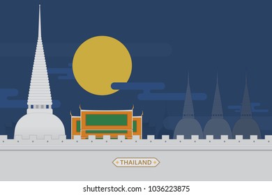 Thai temple at night scene. Vector illustration of religious architecture 