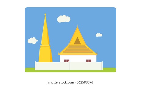 Thai temple and pagoda flat simple design with sky background