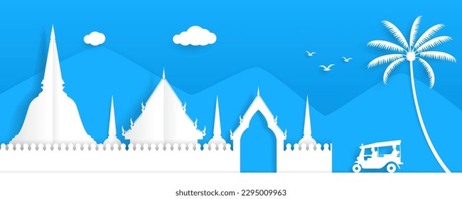 Thai temple paper cutting art, Thailand landmark illustration.