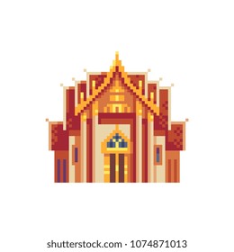 Thai temple pixel art icon Thailand travel landmark isolated vector illustration. 8-bit sprite. Design stickers, logo, mobile app.