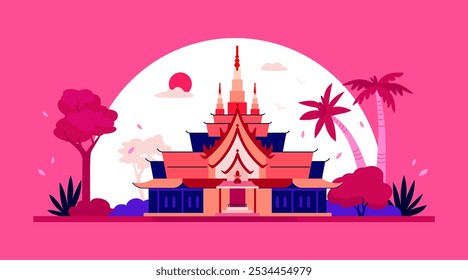 Thai temple at sunset - modern colored vector illustration with asian ancient building in pink and purple colors. The beauty of antiquities and tropical nature, attractions and tourism idea