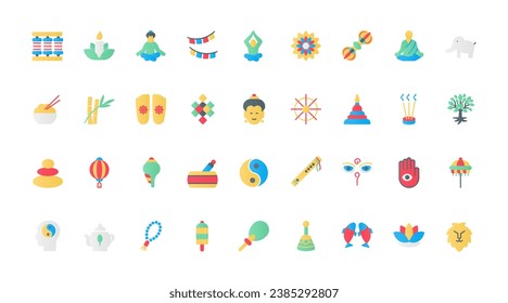 Thai temples and Buddha statue, holistic symbols of zen meditation, wellness and retreat, Buddhist and monk spiritual poses for spirit balance. Buddhism flat icons set vector illustration.