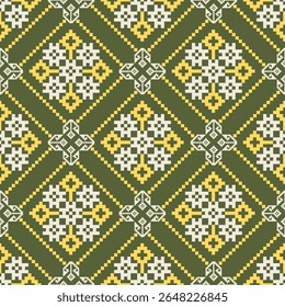 Thai textile with green, yellow, and white geometric floral motifs. Ideal for ethnic fabric, crafts, prints, and cultural-inspired designs.