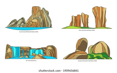 Thai or Thailand vector signs of natural monuments. Mu Ko Chumphon and Phu Laen Kha, Khao Khitchakut National Park, Tat Ton waterfall. Sian or asian, Asia nature sightseeing places for tourism