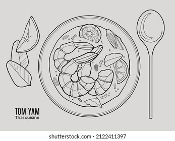 Thai Tom Yam soup with shrimps, mushrooms, lime leaves, green onion and lime served on a plate with a spoon. Outlane doodle illustration for cafe and restaurant menu. Top view. Asian cuisine.