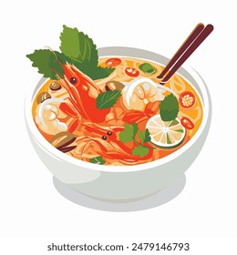 Thai tom yum food, vector art illustration, flat color, on white background