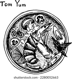 Thai tom yum soup bowl hand drawn doodle style illustration. Asian food for restaurants menu
