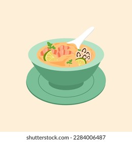 Thai Tom Yum Soup with Shrimp - Spicy Thai Tom Yum Soup with Shrimp and Lemongrass Vector Illustration
