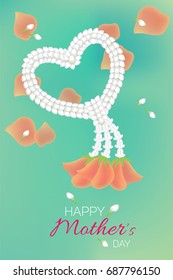 Thai tradition garland in heart shape made with jasmine flowers and pink rose petals on blue background for mother's day
