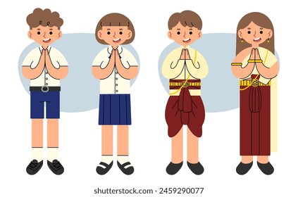 Thai traditional costume and Thai school uniform cute on a white background, vector illustration.