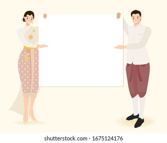 Thai traditional couple holding empty blank white board for text eps10 vectors illustration