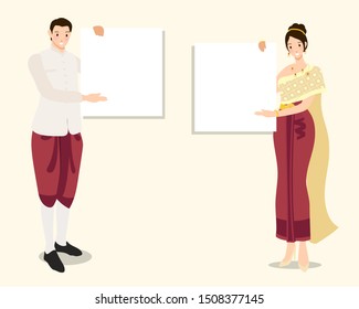 Thai traditional couple in red dress holding empty blank white board for text eps10 vectors illustration