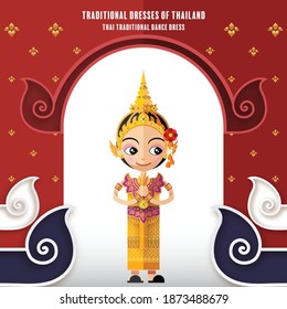 Thai traditional dance dress costume - Cute cartoon characters girl in traditional dresses of thailand  with paper cut art and craft style on paper background.