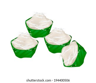 Thai Traditional Dessert, Heap of Kanom Gluay or Banana Pudding Made From Coconut, Banana, Flour and Sugar in Banana Leaf Container. 