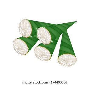 Thai Traditional Dessert, An Illustration of Kanom Gluay or Banana Pudding Made From Coconut, Banana, Flour and Sugar in Banana Leaf Container. 