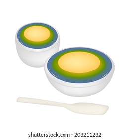 Thai Traditional Dessert, An Illustration of Layer Coconut Pudding Made From Coconut, Rice Flour and Butterfly Pea Topped with Yolk Egg in White Bowls. 