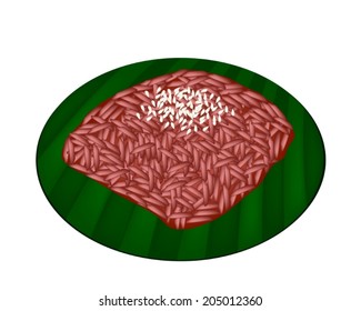 Thai Traditional Dessert, An Illustration of Sweet Red Sticky Rice with Coconut Milk and Sesame on Green Banana Leaf. 