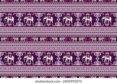 Thai Traditional Elephant Seamless Pattern in Pixel Art Style.  Vector design for fabric, tile, embroidery, wrapping, clothing, wallpaper, and background.