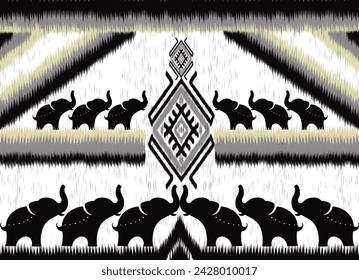 Thai Traditional Elephant Seamless Pattern in Pixel Art Style. Vector design for fabric, tile, embroidery, wrapping, clothing, wallpaper, and background.
