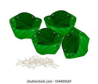 Thai Traditional, Group of Food Container Made From Banana Leaf or Krathong Isolated on A White Background. 