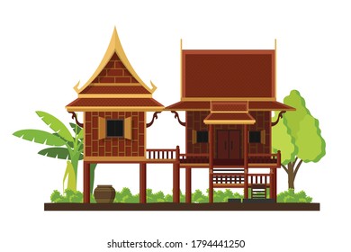 Thai traditional house in flat style isolated on white background, Asia culture architecture concept.