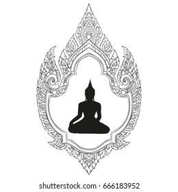 Thai traditional Ornament.  Buddha Silhouette . White background. Thai Pattern. Stock vector illustration.