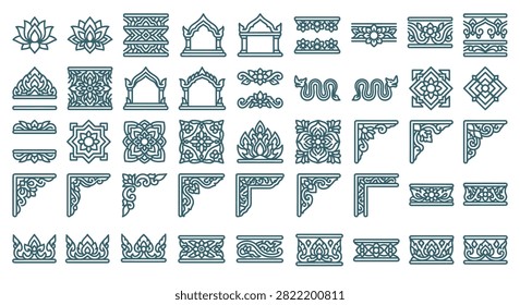 Thai Traditional Ornament Vector Icon Set Featuring Lotus Flowers, Temple Pediments, Naga Serpents, Floral Border Dividers, and Decorative Corner Elements in Clean Line Art Style
