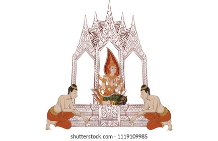 Thai traditional painting vector, Angel painting in Thai traditional, angel palace