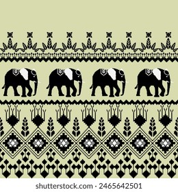 Thai Traditional patterns fabric clothing, Thai ethnic sarongs style in the Pixel Seamless Vector format, elephant design, ancient Egypt, batik, boho, abstract, using Geometric rectangle shapes,  