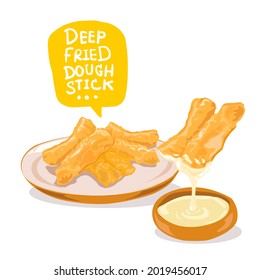 Thai traditional snacks deep fried doughstick dipped in sweetened condensed milk for Breakfast in The Morning. Vector on white background.