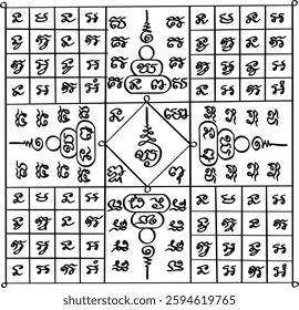 Thai traditional tattoo. The 16 Buddhas Mantra. Thai text translation:  ability to ward off danger, bring good fortune, and promote prosperity.