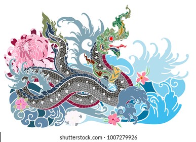 Thai Traditional tattoo design.The Naga is king of snake and Thai dragon live in Himmapan Forest.Hand drawn The Naga tattoo and coloring book.Animal of Buddhism