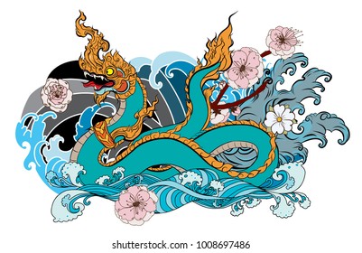 Thai Traditional tattoo design.The Naga is king of snake and Thai dragon live in Himmapan Forest.Hand drawn The Naga tattoo and coloring book.Animal of Buddhism