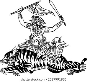 Tatuaje tradicional tailandés, Hanuman ride atiger (Hanman Kee Sueu). archivo de Vector para varias tareas